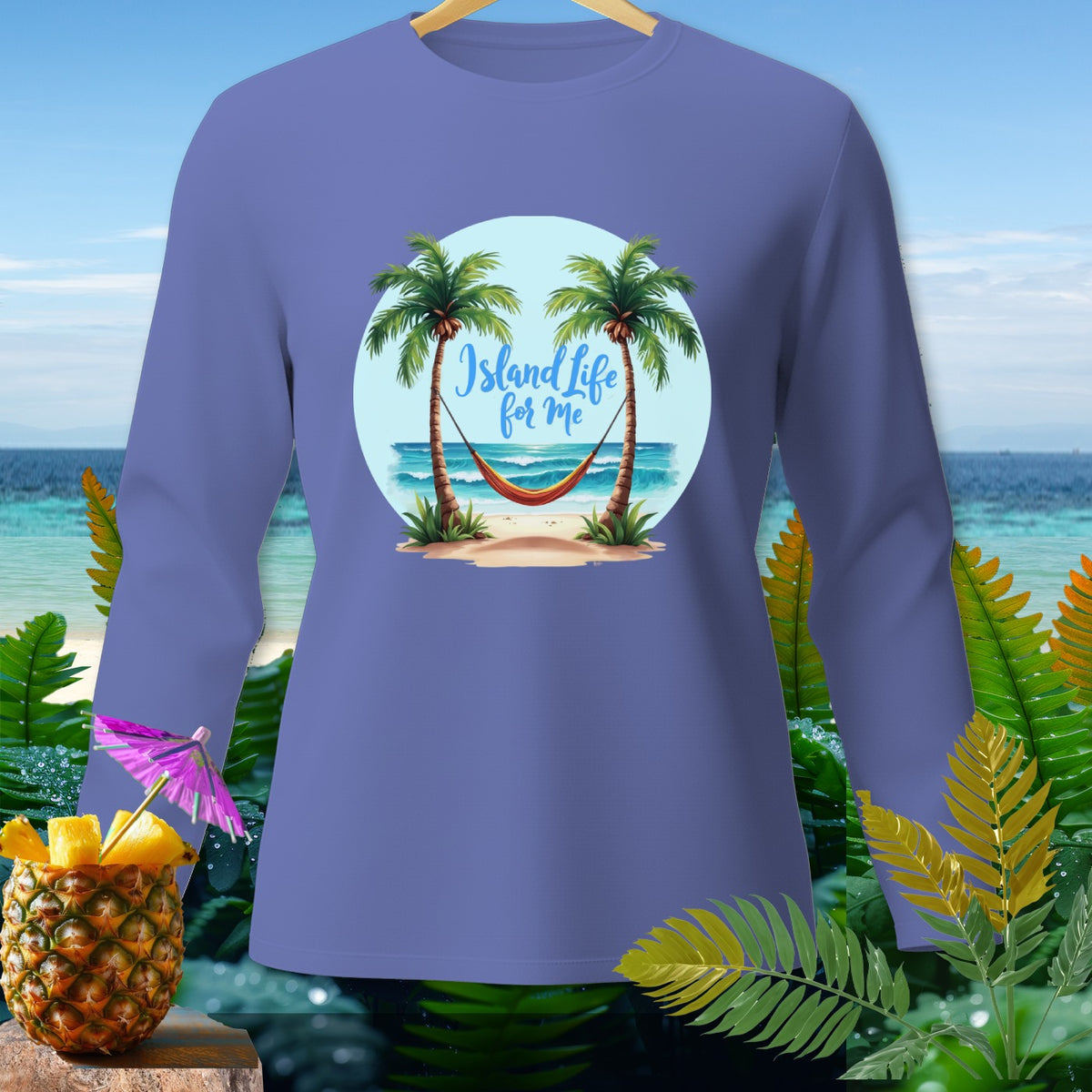 Purple long-sleeved shirt with a tropical beach graphic and "Island Life for Me" text.