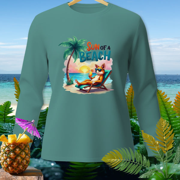 Long-sleeve shirt with a graphic of a fox on a beach chair and the text "Sun of a Beach".