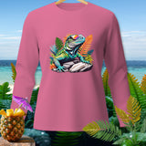 Pink long-sleeve shirt with a colorful iguana graphic and tropical foliage.