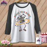 Baseball tee with dancing skeleton graphic and 