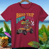 T-shirt graphic with skeleton in jeep, pumpkins, surfboards, and 