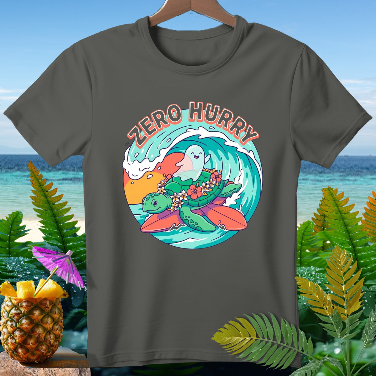 Turtle and ghost ride a surfboard through waves with text "ZERO HURRY".