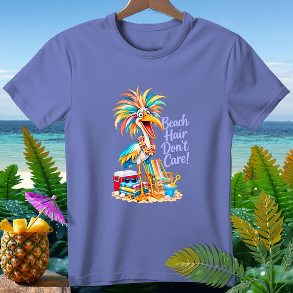 Purple t-shirt with a cartoon bird and "Beach Hair Don't Care!" text.