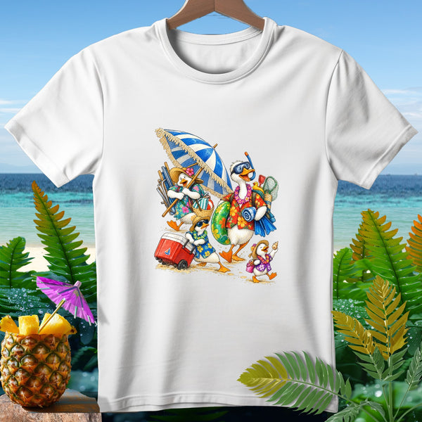 White t-shirt with cartoon ducks dressed for beach vacation.