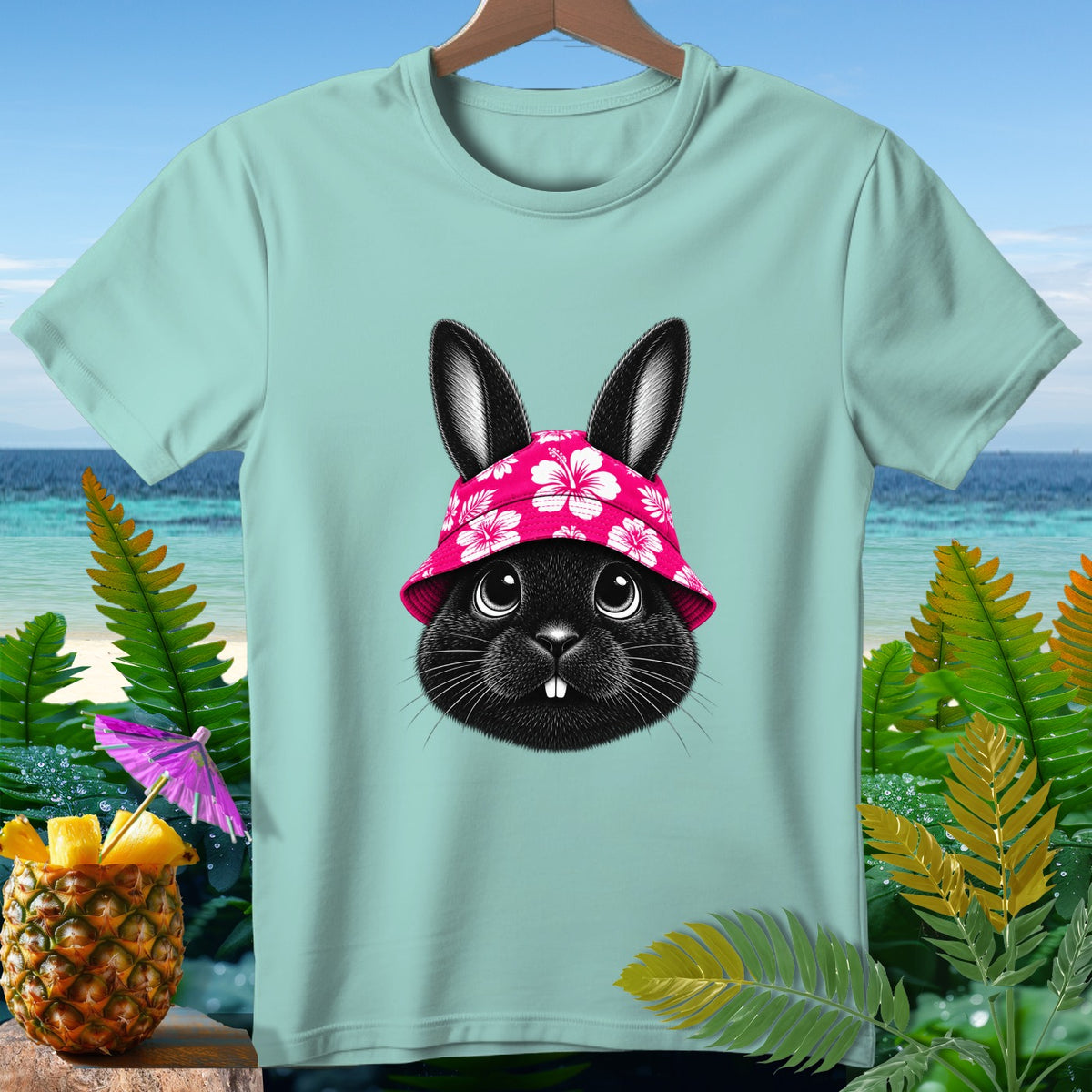 Light blue t-shirt with a black bunny wearing a pink floral hat and beach background.
