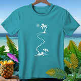 Teal t-shirt with white graphic of a person relaxing under an umbrella on a beach.