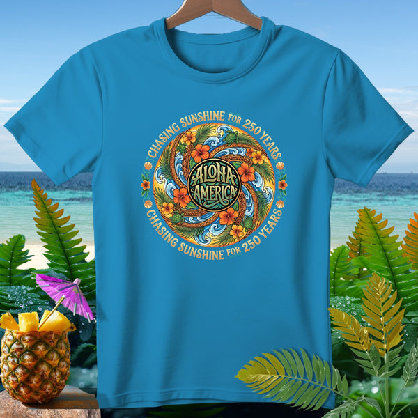 Blue t-shirt with "Aloha America" circular design, "Chasing Sunshine for 250 Years" text.
