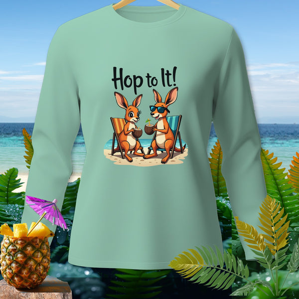 Mint green long-sleeve shirt with cartoon kangaroos and "Hop to It!" text.