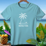 Light blue t-shirt with white graphic of palm tree, sun, and waves.