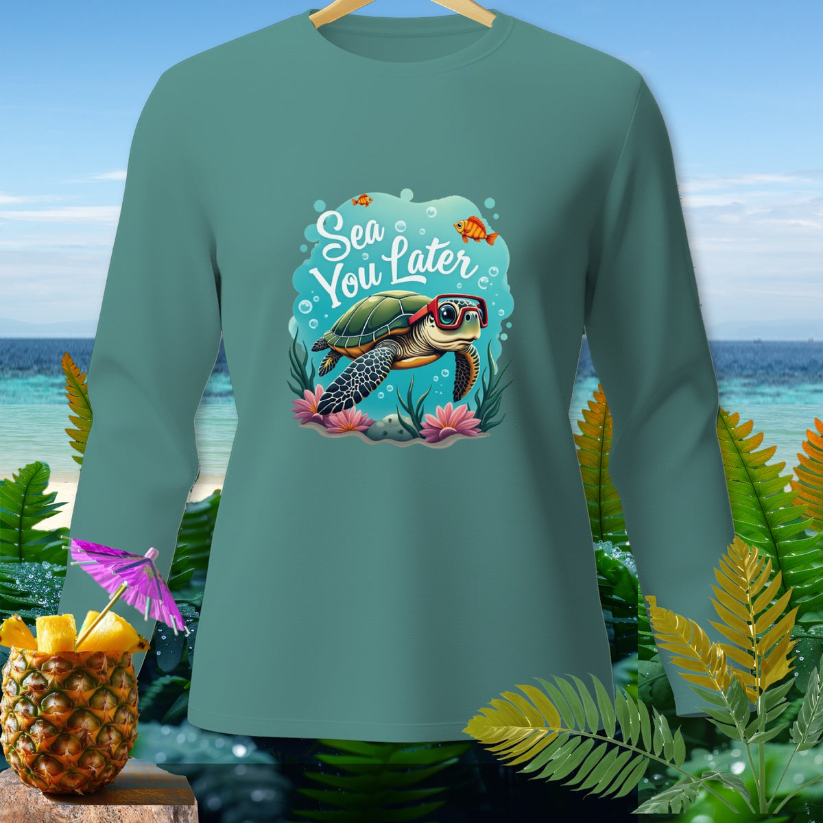 Teal long-sleeve shirt with a graphic of a turtle and "Sea You Later" text.