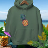 Green hoodie with a jack-o'-lantern pineapple and bats graphic.