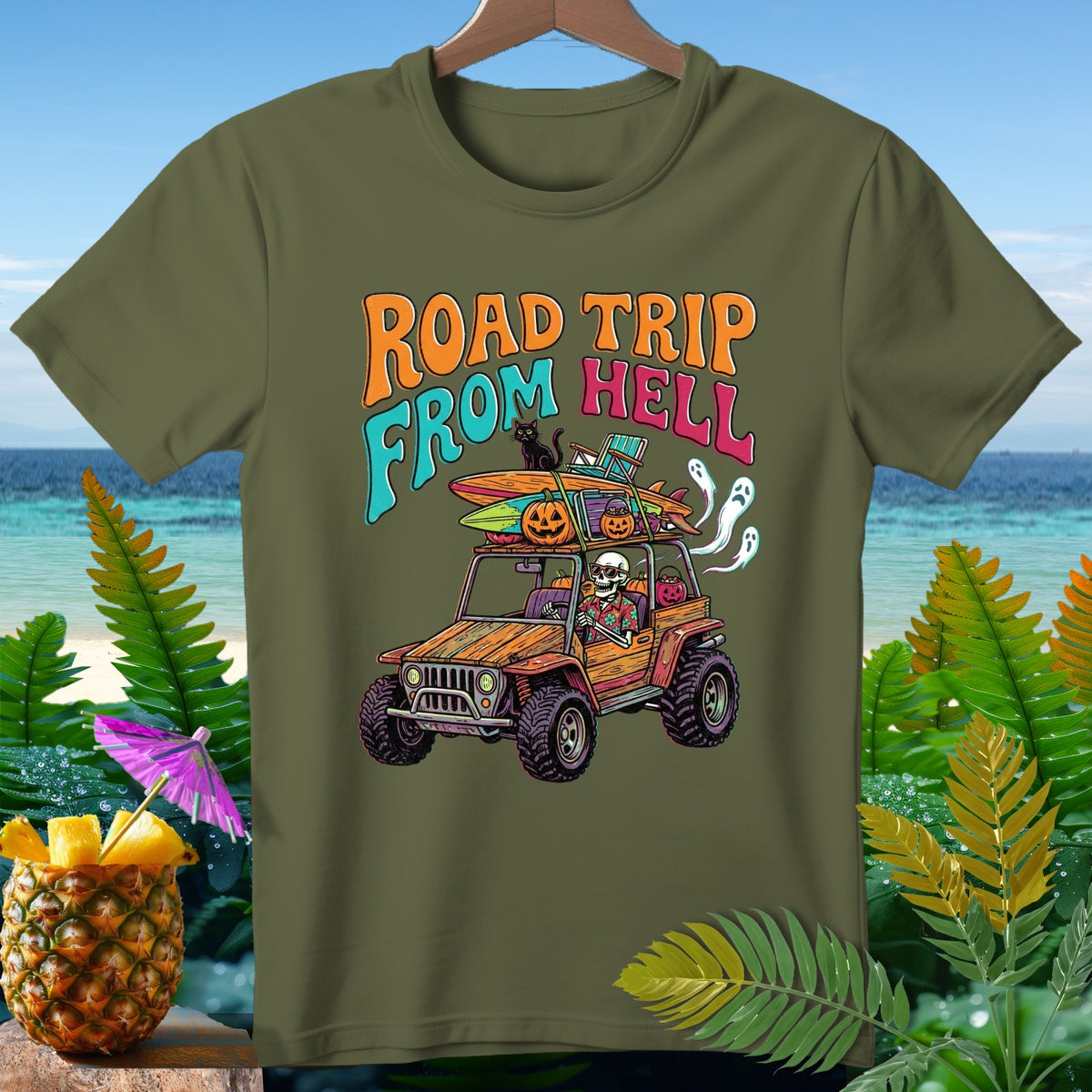 Skeleton driving jeep with pumpkins, surfboards, ghosts, and text "Road Trip From Hell".