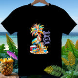 Black t-shirt with cartoon bird, beach chair, and 