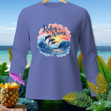 Long sleeve purple shirt with dolphins riding waves graphic and 
