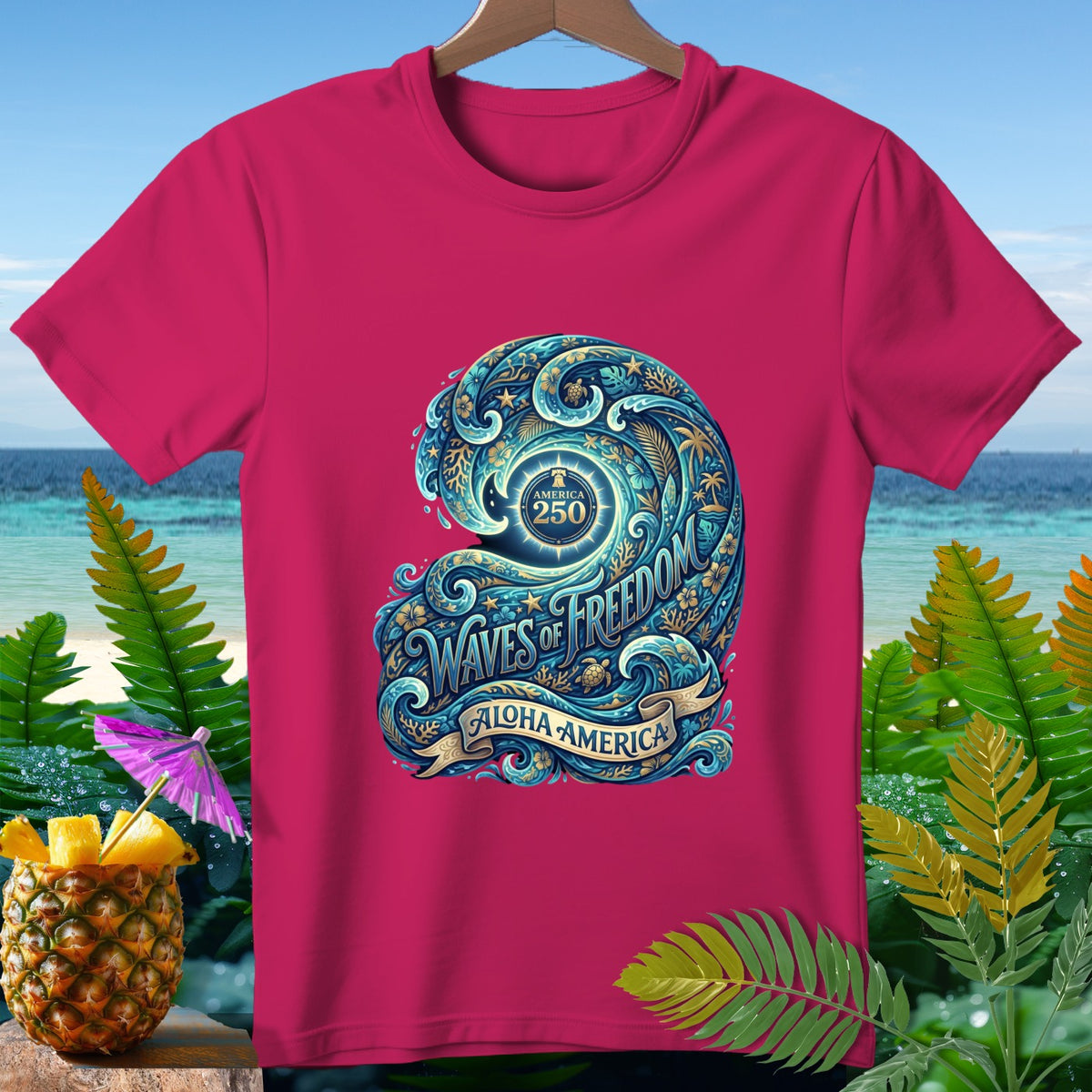 Fuchsia t-shirt with "Waves of Freedom Aloha America" and "America 250" wave design.