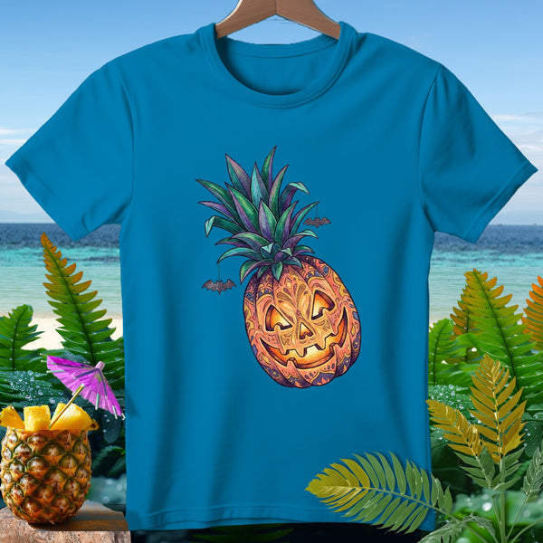 Teal t-shirt with jack-o'-lantern pineapple graphic and bats.