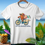 Hermit crab on bicycle with surfboard and towel, 