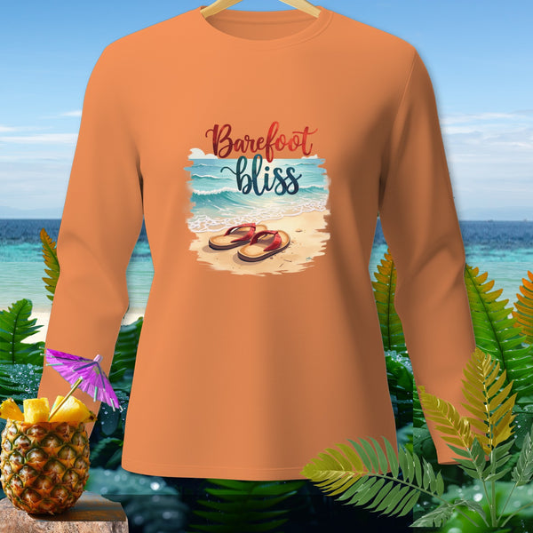 Orange long-sleeve shirt with "Barefoot bliss" beach graphic and flip-flops.