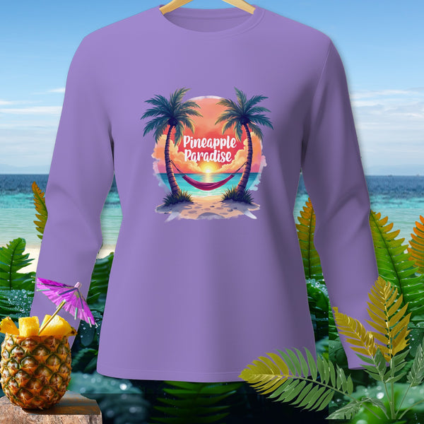 Lavender long-sleeve shirt with "Pineapple Paradise" graphic of beach and hammock.