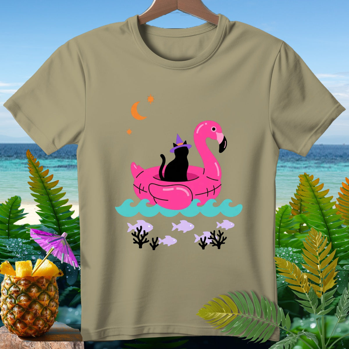 Black cat in witch hat on pink flamingo float with moon and fish.