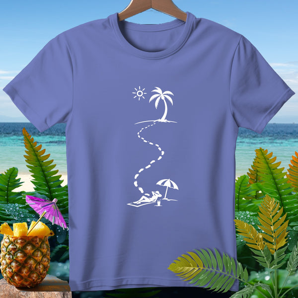 Purple t-shirt with white graphic of a person relaxing on a beach under an umbrella.