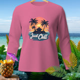 Pink long-sleeve shirt with a tropical island graphic and 