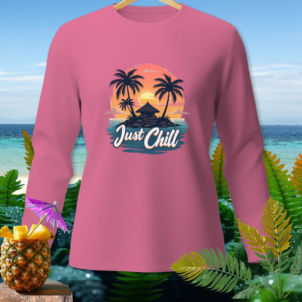 Pink long-sleeve shirt with a tropical island graphic and "Just Chill" text.