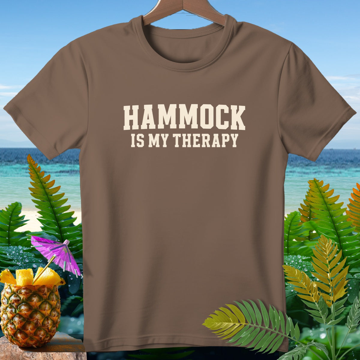 Brown t-shirt with white text reading "HAMMOCK IS MY THERAPY"