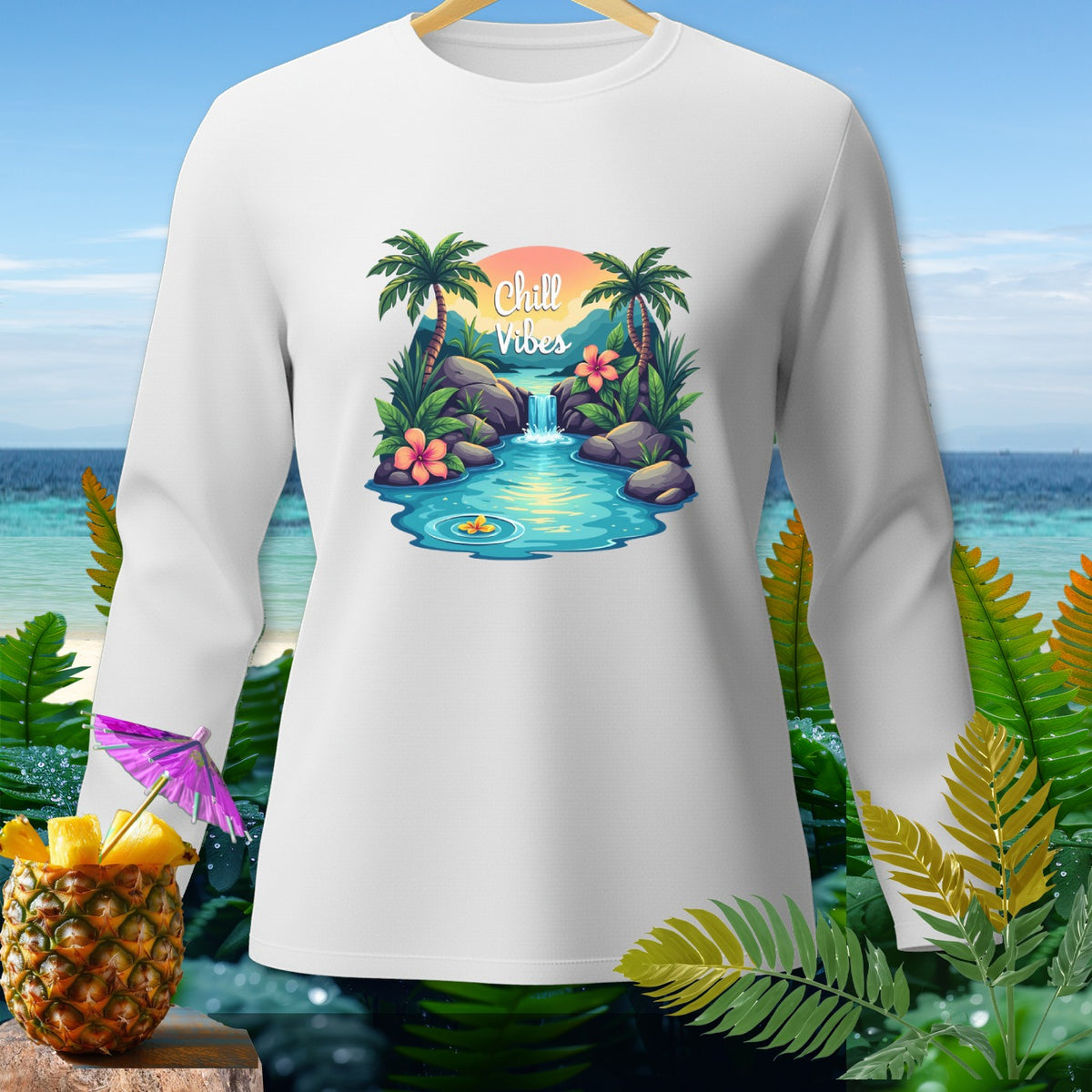 White long-sleeve shirt with "Chill Vibes" text and tropical waterfall graphic.