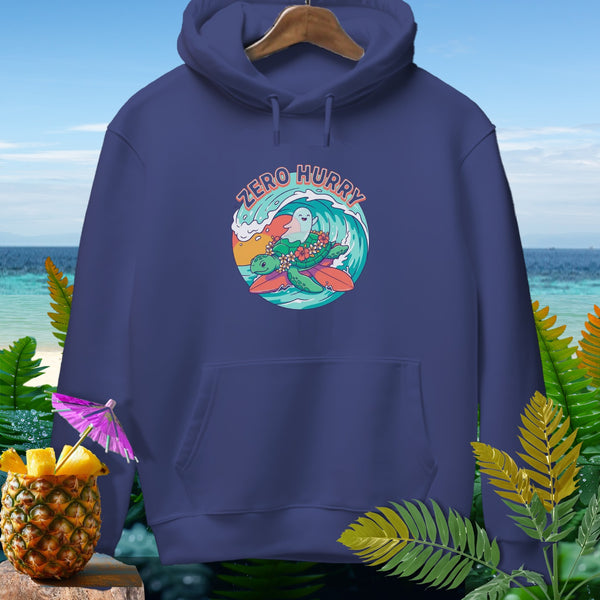 Navy hoodie with "Zero Hurry" text and a sea turtle surfing on a wave.