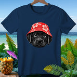 Dark blue t-shirt with a black dog wearing a red hibiscus bucket hat.