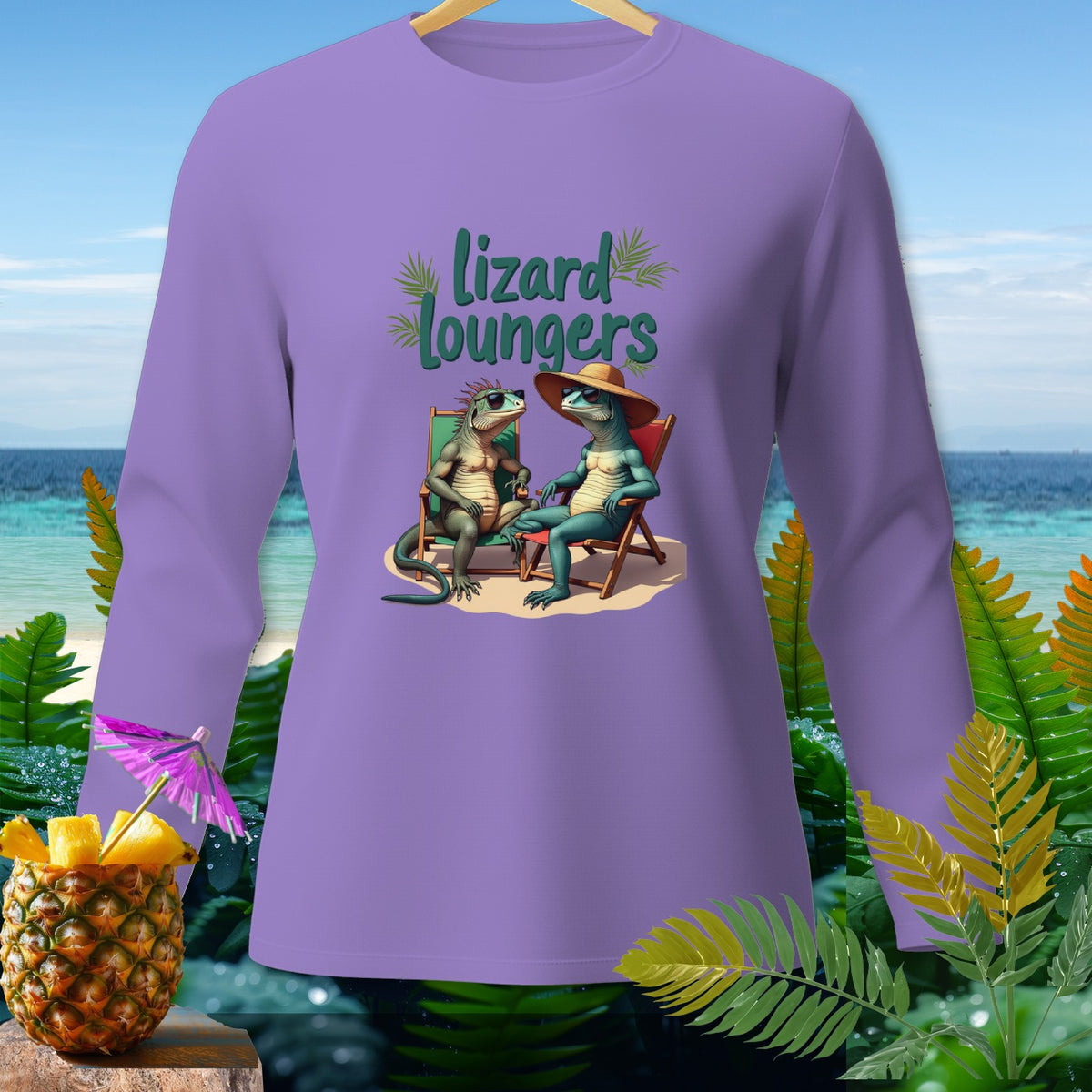 Lavender long-sleeve shirt with "Lizard Loungers" graphic of two lizards relaxing on beach chairs.