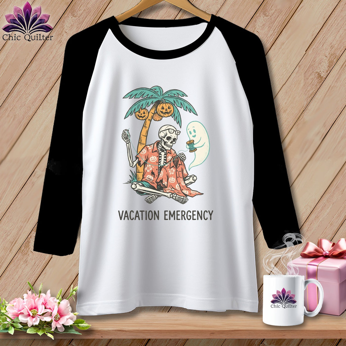 Skeleton and ghost on a beach with pumpkins, text "VACATION EMERGENCY".
