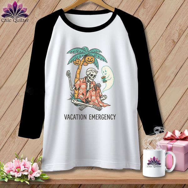 Skeleton and ghost on a beach with pumpkins, text "VACATION EMERGENCY".