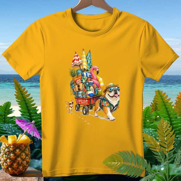 Bulldog and chihuahua pull wagon with beach items, text "Beach or Bust!"