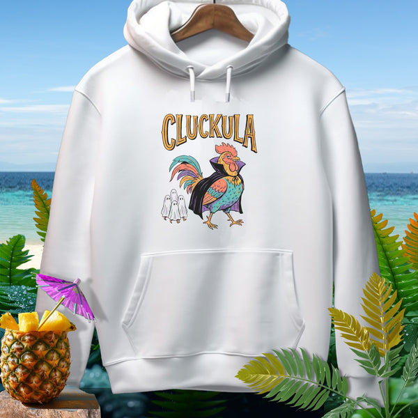 White hoodie with "CLUCKULA" text above a vampire chicken and ghosts graphic.