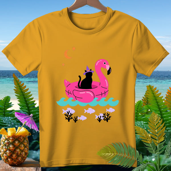 Black cat in witch hat rides flamingo float with fish and crescent moon.