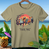 Parrots and toucan dressed for Halloween on a branch above 
