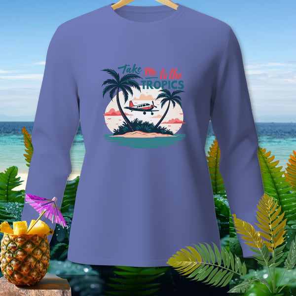 Purple long-sleeve shirt with "Take Me to the Tropics" graphic.