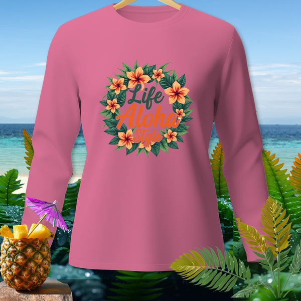 Pink long-sleeve shirt with floral wreath text "Life Aloha Style".