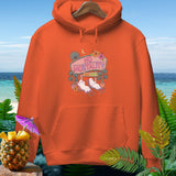 Orange hoodie with ghosts relaxing on beach chairs under a 