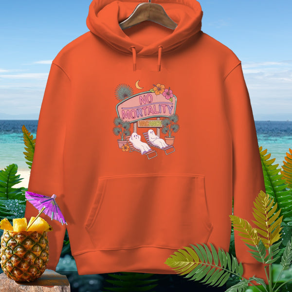 Orange hoodie with ghosts relaxing on beach chairs under a "NO MORTALITY VACANCY" neon sign.