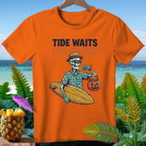 Orange t-shirt with skeleton surfer holding pumpkin candy bucket and text 