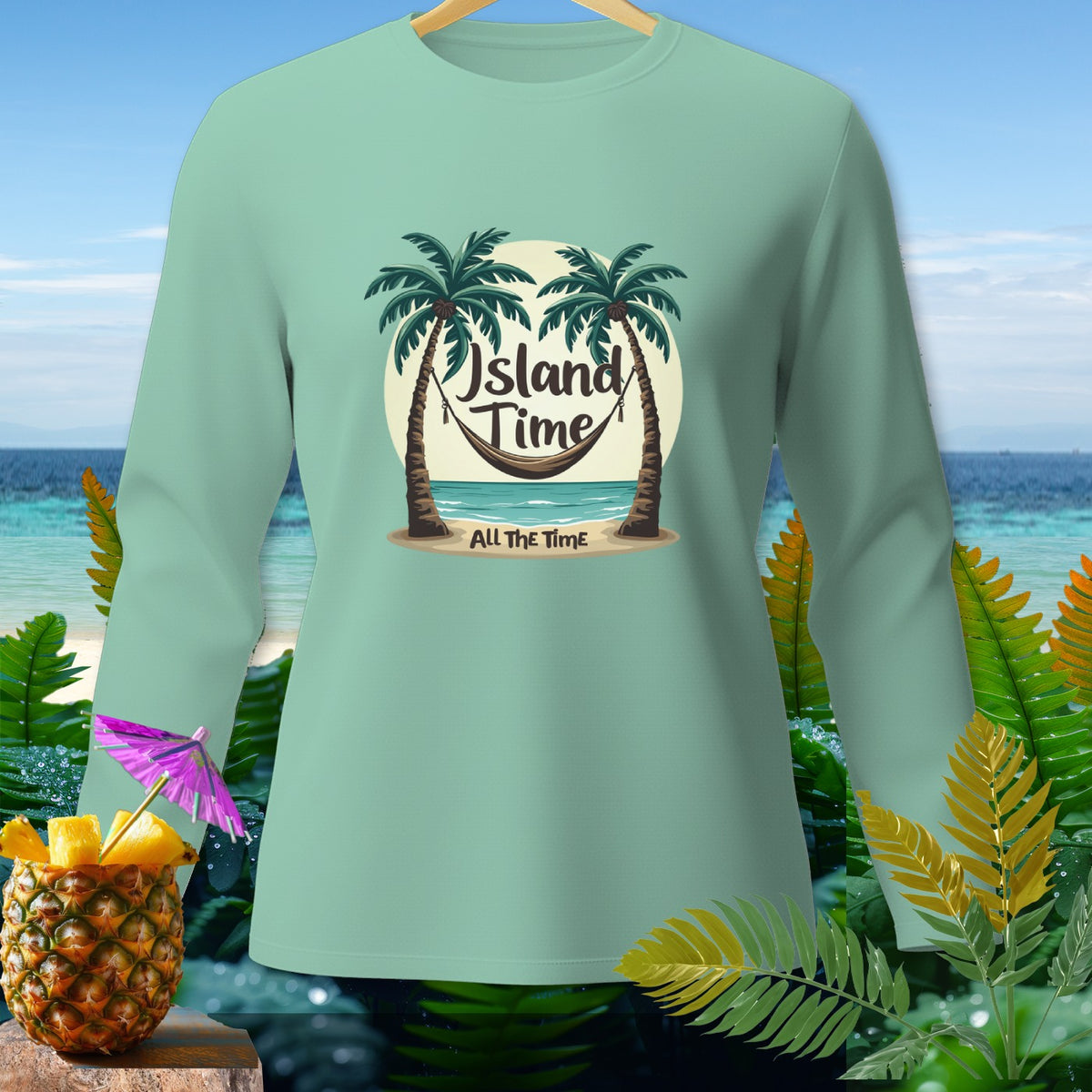 Light green long-sleeve shirt with "Island Time ALL THE TIME" graphic.