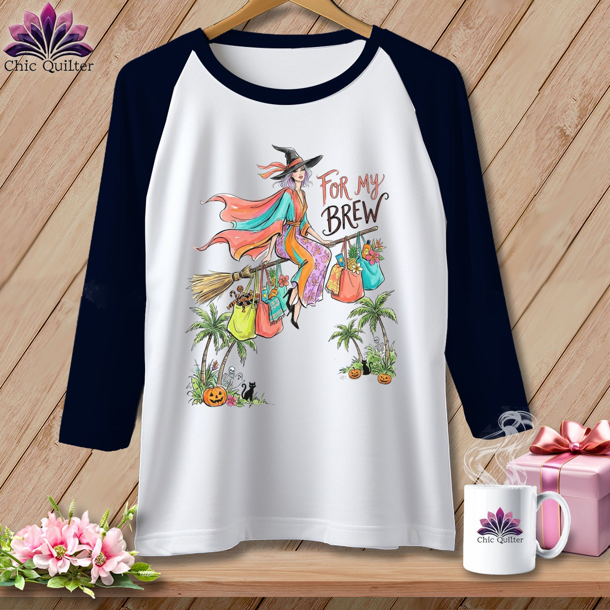 Raglan shirt with witch graphic and "For My Brew" text.