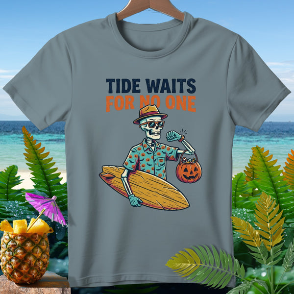 Skeleton with surfboard and pumpkin bucket, "TIDE WAITS FOR NO ONE" text.
