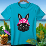 Cyan t-shirt featuring a black bunny wearing a pink floral bucket hat.
