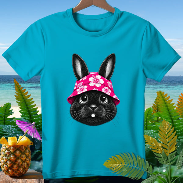 Cyan t-shirt featuring a black bunny wearing a pink floral bucket hat.