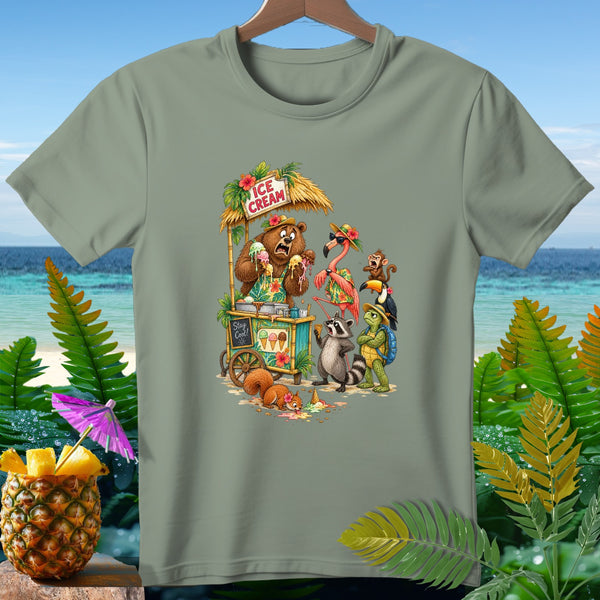 Animals buy ice cream from a bear at a tropical beach cart, with the text "Ice Cream" and "Stay Cool!".