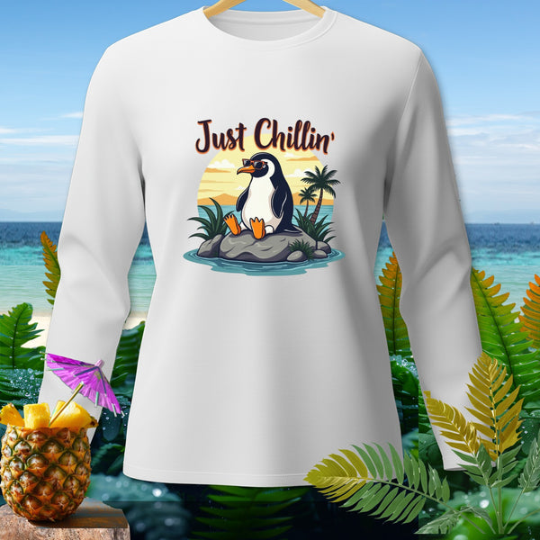 White long-sleeve shirt with a penguin wearing sunglasses and the text "Just Chillin'".